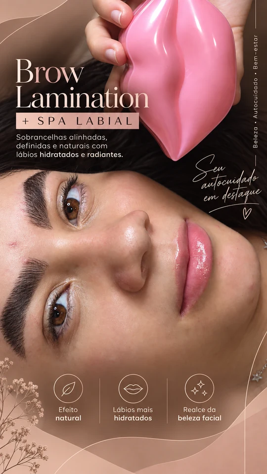 Arte de Brow Lamination e SPA labial com fotografia de beleza, tipografia elegante e cores rosadas
