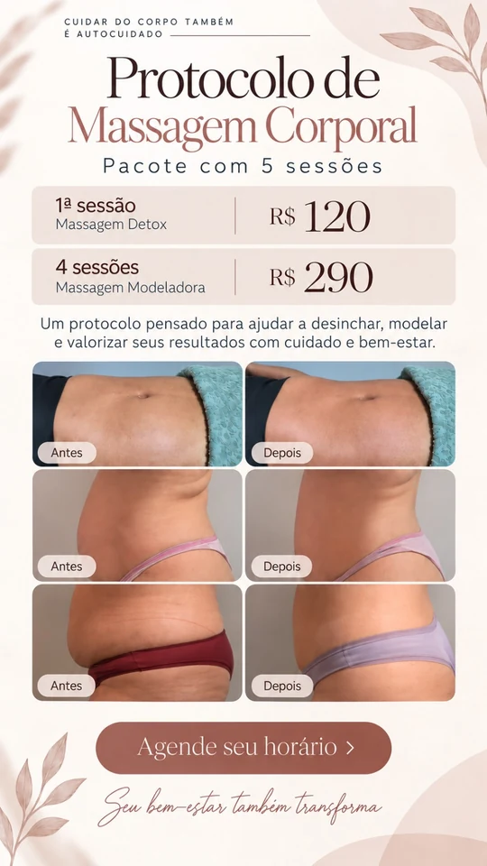 Arte promocional de massagem corporal, com tons rosados, informações do pacote e fotos de antes e depois
