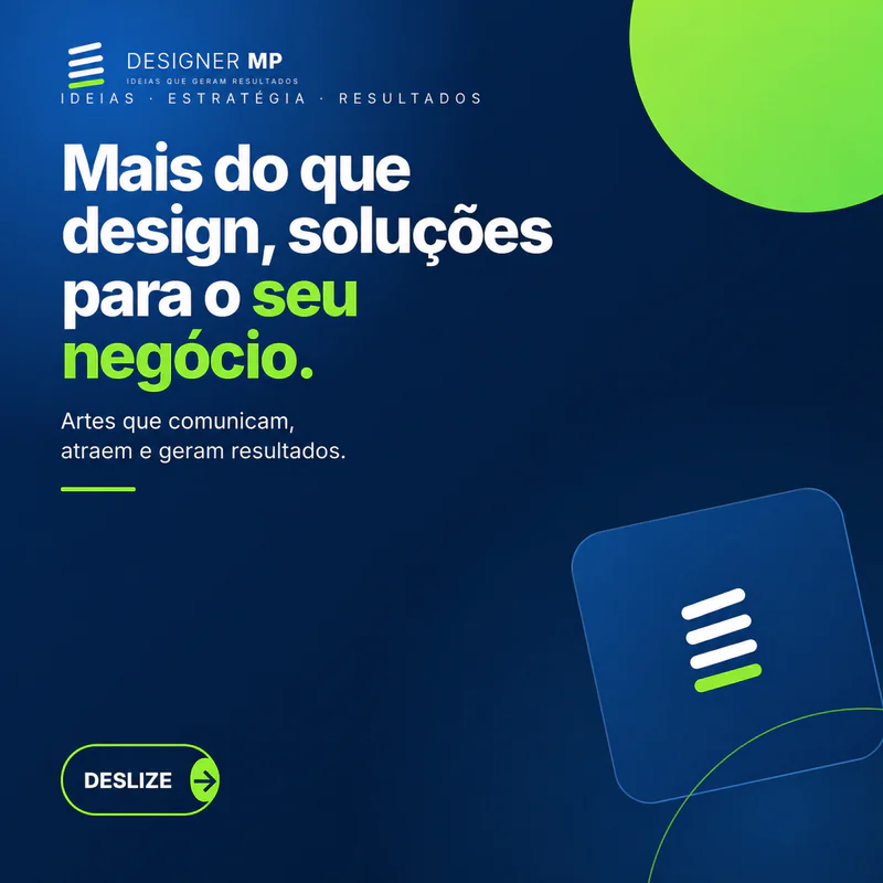 Peça institucional da Designer MP com tipografia branca e verde sobre azul-marinho