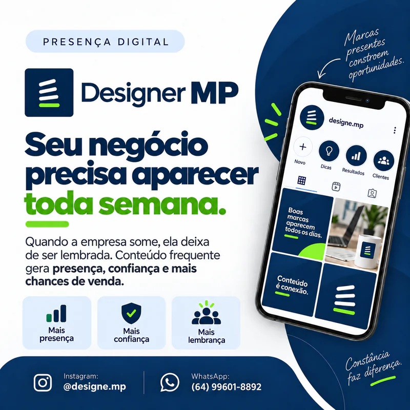 Arte de presença digital com a identidade azul-marinho e verde da Designer MP